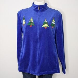 ✨3/$15 NWT  Merry & Bright blue velvet Christmas tree zip up L